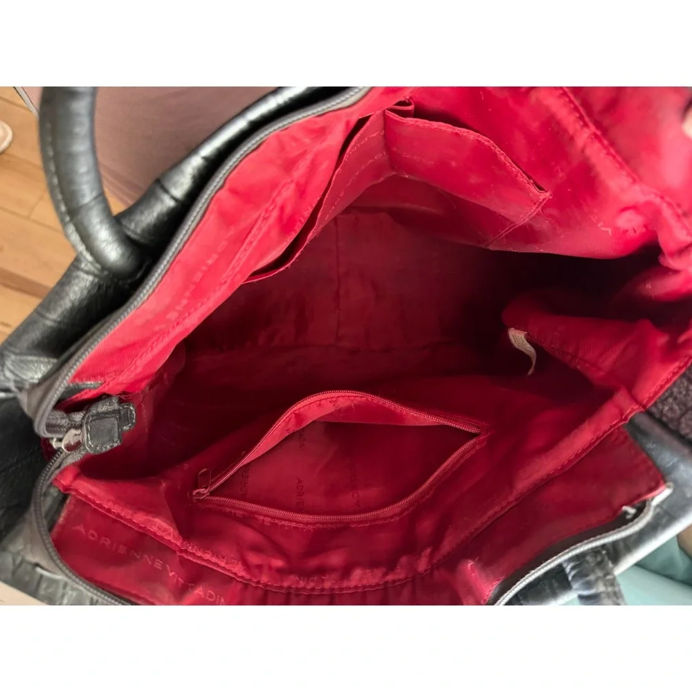 Adrienne Vittadini Metallic Pewter Croc Embossed Leather Tote Bag Red Lining